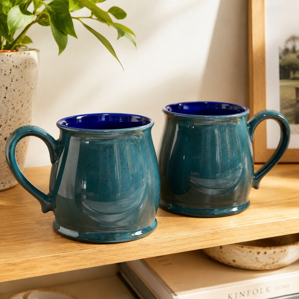 Vintage Green Blue Ceramic Coffee Mug Set of 2 Cobalt Interior Pottery Cups